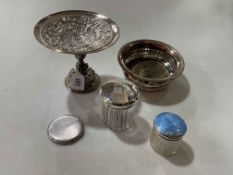 Two silver topped toilet jars, engine-turned silver compact,