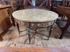 French marble topped circular low table with painted porcelain roundel decorated frieze, 50.
