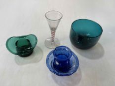 19th Century blue glass sugar and cream, Bristol green finger bowl,