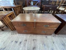 Teak and brass bound three drawer Campaign chest with inset label for Army & Navy C.S.