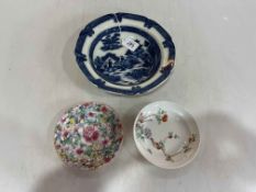 Chinese blue and white plate, saucer dish with Kakiemon style decoration, and flowered saucer (3).
