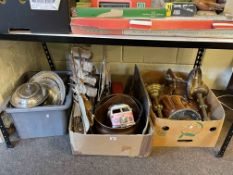 Silver plated wares, copper kettle. brass altar candlesticks, boat models, etc.