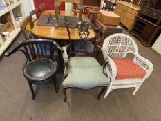 Late Victorian mahogany occasional armchair, wicker bedroom chair and Bentwood armchair (3).