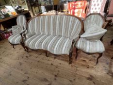 Victorian French rosewood three piece suite comprising double serpentine front settee,