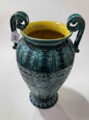 Linthorpe large two handled vase in turquoise glaze and moulded with stylised foliage, no. 2059, 44.