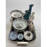 Tray lot with Chinese plates, blanch de chine figure, bowls, etc.
