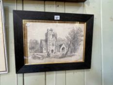 Pencil and charcoal study of figures in churchyard, framed, 38cm by 50cm.