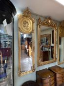 Pair rectangular gilt framed lady portrait bevelled wall mirrors, 180cm by 53cm.