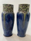 Pair Royal Doulton stoneware vases with Art Nouveau neck decoration, 26cm.