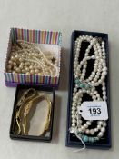 Pearl and other necklaces and two ladies watches.
