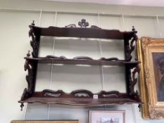 Victorian rosewood open three tier wall shelf, 69cm by 75cm.