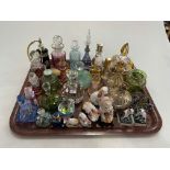 Tray lot with scent bottles, animal figures, etc.