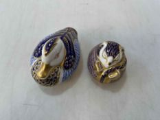Two Royal Crown Derby paperweights, Harvest Mouse and Duck.