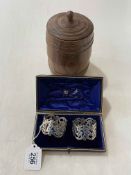 Pair of Edwardian silver pierced napkin rings, Sheffield 1908, boxed, and tobacco jar (2).