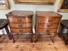 Pair walnut bow front three drawer pedestals on cabriole legs, 66.5cm by 45.5cm by 37cm.
