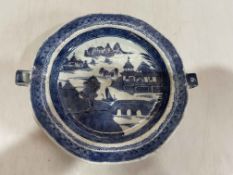 Antique Chinese blue and white warming dish, 26cm across.