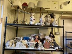 Collection of table lamps, dolls, novelty teapots, etc.