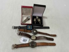 Silver cigar cutter, four watches including silver and three mice markers (6).