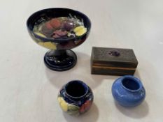 Collection of four Moorcroft pieces, wisteria tall tazza, signed, 16.