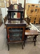 Edwardian mahogany mirror backed parlour cabinet, organ stool and vintage trunk (3).