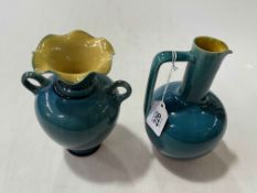 Linthorpe two handled vase with scallop rim, no. 2203, 17.5cm, together with turquoise ewer (2).
