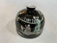Chinese porcelain brush washer with delicate figure decoration on black ground, six character mark,