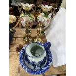 Two brass table lamps, blue and white wash bowl and jug, and pair floral vases.