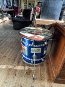 Novelty drum table decorated with Harley Davidson stickers, 67cm by 50cm diameter.