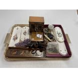 Tray lot with Japanese miniature cabinet, vintage door knocks and finger plates,