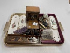 Tray lot with Japanese miniature cabinet, vintage door knocks and finger plates,