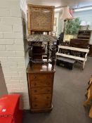 Slim Victorian mahogany five drawer chest, two open bookcases, dressing and toilet mirrors,