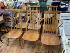 Set of six vintage Ercol Windsor spindle back dining chairs including pair carvers.