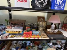 Vintage toys, model cars, Victorian inkstand, cutlery, brass jardiniere, vintage tins, etc.