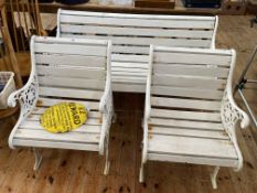 Cast and wood slat garden bench and two chairs (bench 75cm by 139cm).