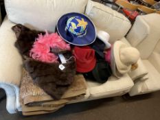 Collection of vintage ladies fashion and gents hats, fur jacket and throw.