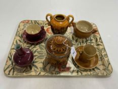 Linthorpe Pottery: two cups and saucers, basin, jar and two vases (6).