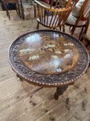 Indian carved and inlaid hardwood circular low elephant table, 48.5cm by 76cm diameter.