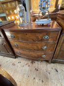 19th Century mahogany bow front chest of three long graduated drawers on splayed legs, 84cm by 92.