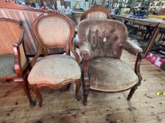 Victorian open armchair in buttoned fabric and occasional panel back side chair (2).