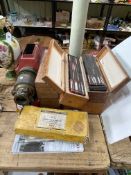 Magic lantern in tinplate and brass with six boxes of bird and reptile study slides,