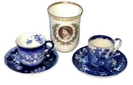 Royal Doulton QEII Coronation beaker and two blue and white cups and saucers.