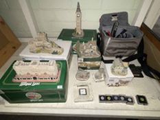 Collection of Lilliput Lane including Buckingham Palace, Big Ben, collectors badges, camera, map,