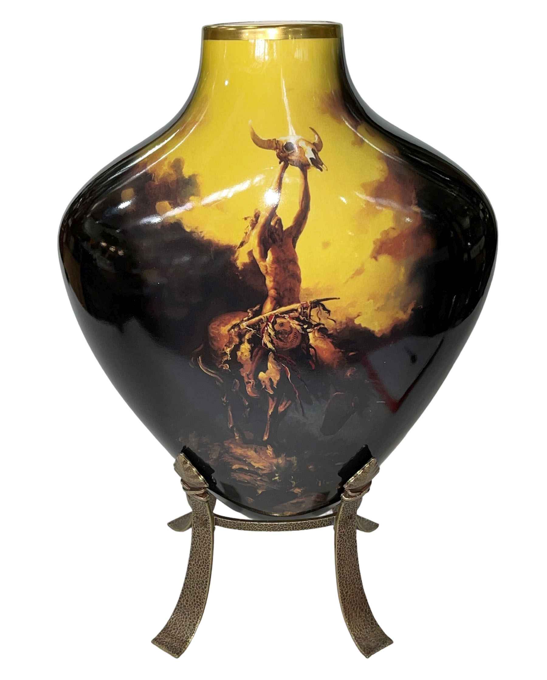 M. Chin (American 20th Century) arrow shape vase depicting native American warrior, 40cm.