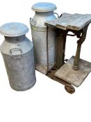 Vintage sack scales and two vintage milk churns (3).