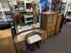 1930's oak dressing table, stool and five drawer chest,