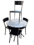 Contemporary Italian circular marble? topped breakfast table and four chairs.