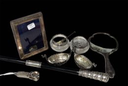 Edwardian silver mounted presentation baton, together with magnifying glass, four open salts,