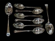 Six silver Old English pattern dessert spoons and pair of tablespoons, London 1926/27.