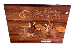 19th Century marquetry hardwood panel depicting lovers and inscription, 46cm by 34cm.