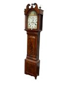 Antique mahogany eight day longcase clock having painted arched dial, 214cm.